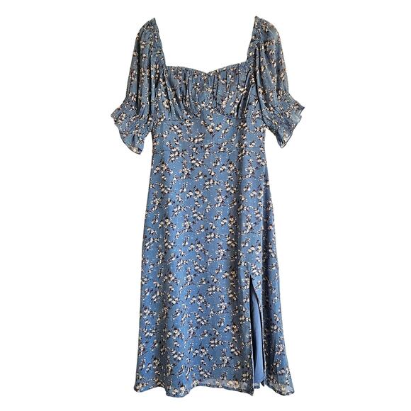 Two Sisters‎ The Label Blue Floral Dress Swiss Dot Slit Midi Length Size US 4 - Picture 1 of 7